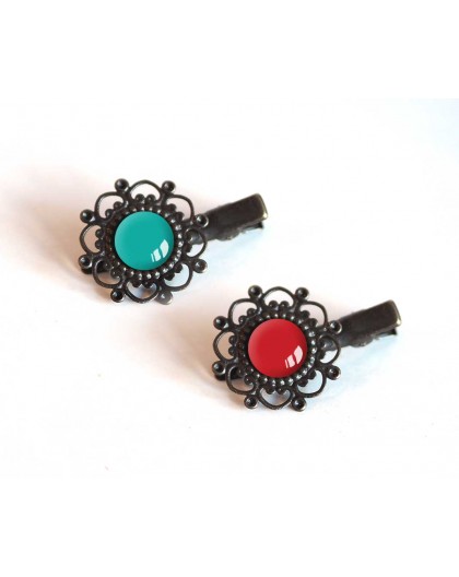 2 Hair clip, cabochon turquoise tones and red, bronze
