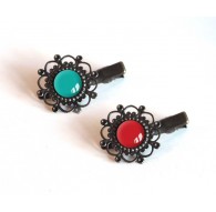 2 adornos para el cabello, tonos cabujón de turquesa y rojo, bronce