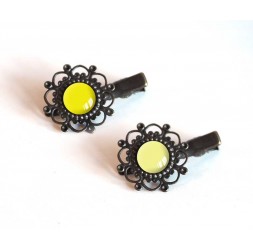 2 Hair clip, cabochon, yellow tones, straw yellow and pale yellow, bronze