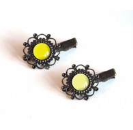 2 Barrettes dei capelli, cabochon, toni del giallo, giallo paglierino e giallo pallido, bronzo