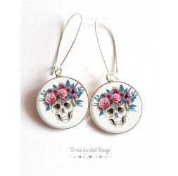 Earrings, cabochon epoxy resin, Skull and flowers, bronze, silver