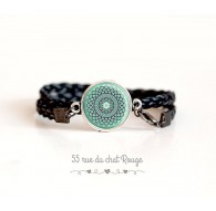 Bracelet double tresse noir, cabochon esprit Maroc, bleu tendre