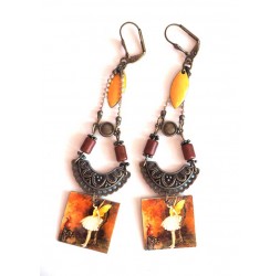 Pendientes, colgante, fantasía, hada, tonos marrones, ámbar, amarillo, bronce