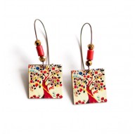 Earrings, pendant, fancy, tree of life multicolor, bronze
