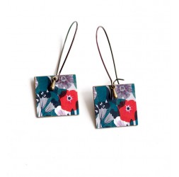 Earrings, pendant, fancy, Large flowers red poppies and turquoise, bronze