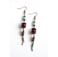 Earrings, long pendant, blue and brown, bronze