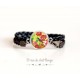 Bracelet simili cuir, cabochon Japon, oiseaux fleurs, jaune et fushia