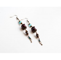 Earrings, long pendant, blue and brown, bronze