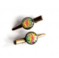 Hair clip cabochon exotic tropical look, green and fuchsia, bronze