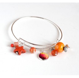 Woman bracelet, silver plated rush, orange pearls and cabochon