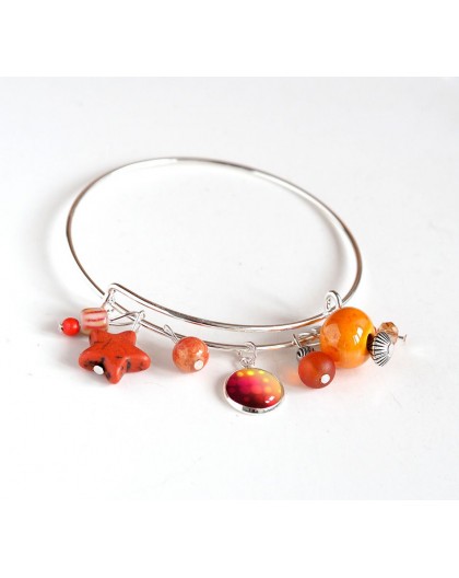 Woman bracelet, silver plated rush, orange pearls and cabochon