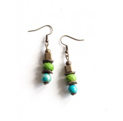 Drop earrings, turquoise and lime green, bronze