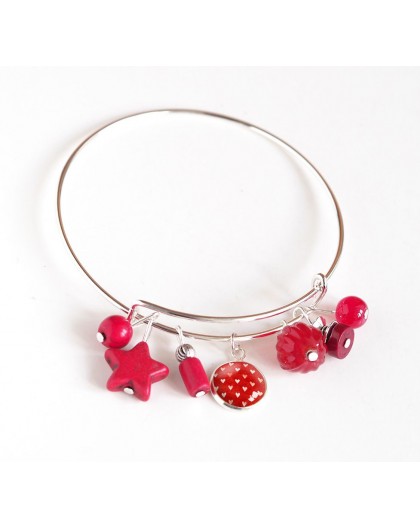 Women's bracelet, silver plated rush, red pearls and cabochon