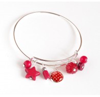 Women's bracelet, silver plated rush, red pearls and cabochon