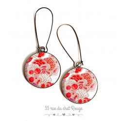 Earrings, Japanese flower, red and white, epoxy resin, bronze, woman's jewelry