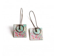 Tropfen-Ohrring, extravagant, rosa Blüten, blau Pastell, Bronze