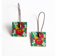 Drop Earring, fancy, flowers red poppies, green, bronze