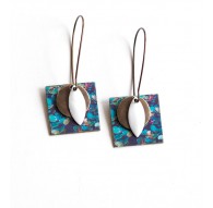 Boucles d'oreilles pendantes, fantaisie, nature, nénuphar, bleu vert, bronze