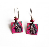 Drop Earring, fantasy, cat, blue fuchsia, bronze
