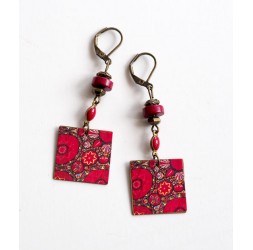 Drop Earring, fancy, red and pink flowers, Indian, bronze
