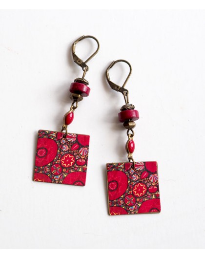 Drop Earring, fancy, red and pink flowers, Indian, bronze