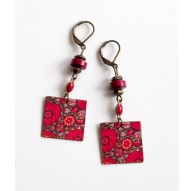 Drop Earring, fancy, red and pink flowers, Indian, bronze