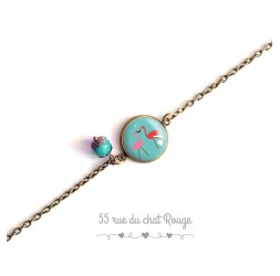 Woman bracelet, fine chain, pink flamingo cabochon, Exotic