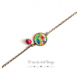 Bracelet Exotique, Tropical, coloré, Perroquets, bleu rouge, bronze