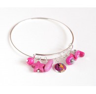 Bracelet Joncs, argenté, perles rose fushia et cabochon 12 mm
