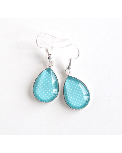 Earrings drops, light blue, polka dots, bronze or silver