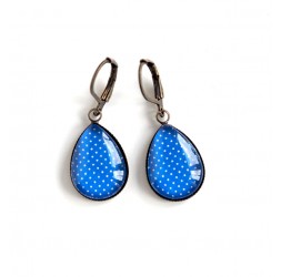 Earrings drops, royal blue, polka dots, bronze or silver