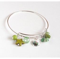 Bracelet Rushes, silver plated, green pearls and cabochon 12 mm