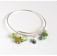 Armband Binsen, versilbert, grüne Perlen und Cabochon 12 mm