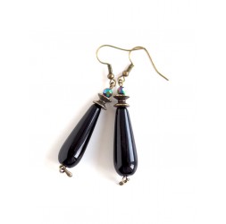 Earrings drops, black obsidian, bronze, stone protection