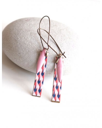 Fantasy earrings, geometric, pink and blue, bronze, woman's jewelry