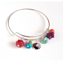 Armband Binsen, versilbert, mehrfarbige Perlen und Cabochon 12 mm