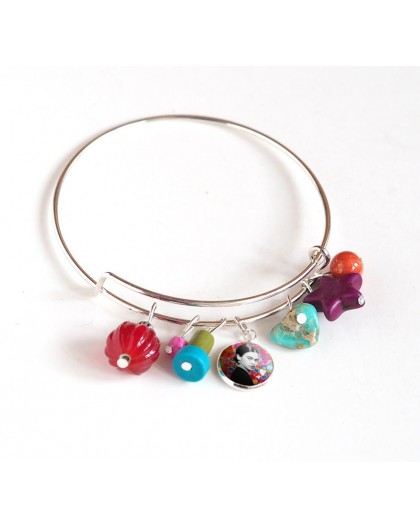 Armband Binsen, versilbert, mehrfarbige Perlen und Cabochon 12 mm