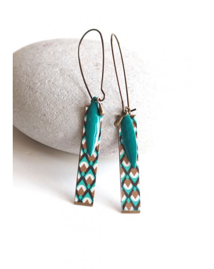 Fantasy earrings, geometric, turquoise and gold, bronze, woman's jewelry
