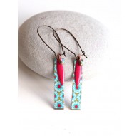 Boucles d'oreilles fantaisie, fleuri, turquoise et rouge, bronze, bijoux pour femme