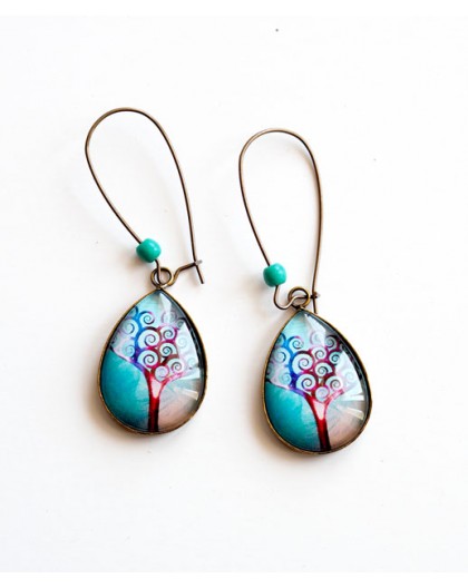 Cabochon Earrings Drops Tree Of Life Lagoon Blue Red Bronze