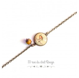 Woman bracelet, fine chain, cabochon small bird, Japan, romantic, orange beige