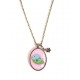 Long Necklace 70 cm, pendant cabochon 30x40, little bird, pink and green, bronze