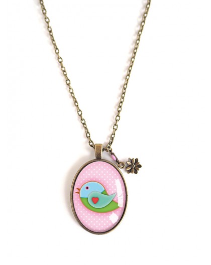 Long Necklace 70 cm, pendant cabochon 30x40, little bird, pink and green, bronze