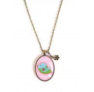 Collana lunga 70 cm, pendente cabochon 30x40, piccolo uccello, rosa e verde, bronzo