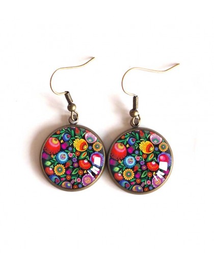 Earrings cabochon Colorful flowers, folklore Slave bronze