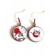 Boucles d'oreilles cabochon, Oiseau du Japon, rouge, blanc, bronze