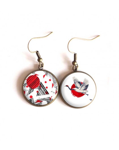 Boucles d'oreilles cabochon, Oiseau du Japon, rouge, blanc, bronze