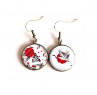 orecchini cabochon, Uccello Giappone, rosso, bianco, bronzo