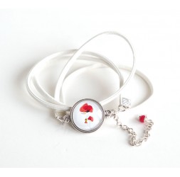 Cuff bracelet, white leather look, cabochon poppy, silver