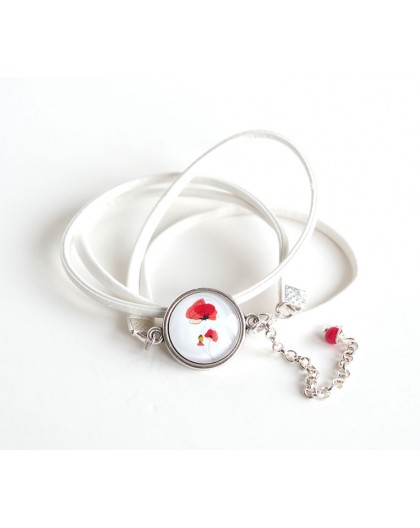 Cuff bracelet, white leather look, cabochon poppy, silver